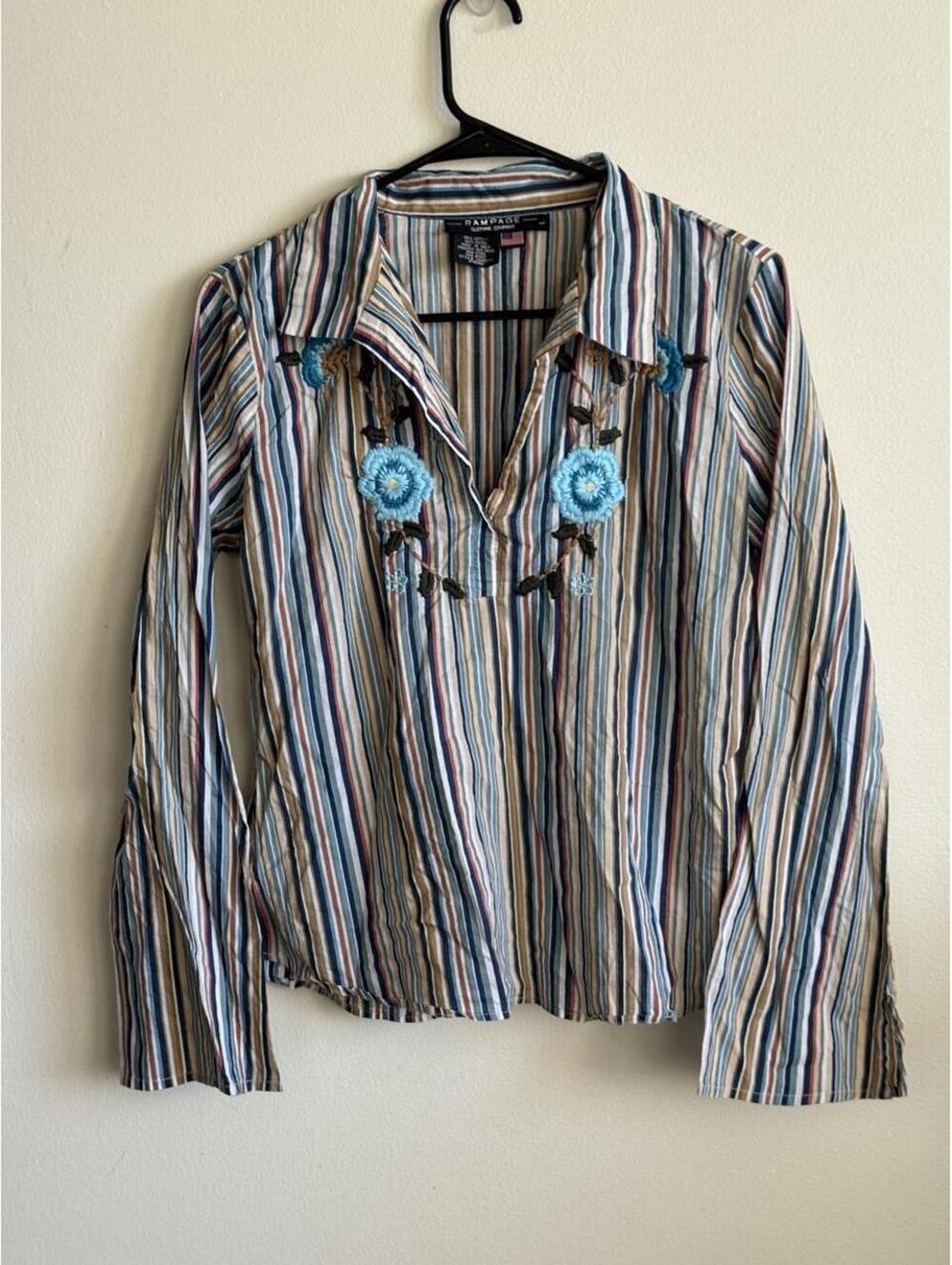 Rampage Clothing Company vertical striped cotton blouse with blue floral embroid